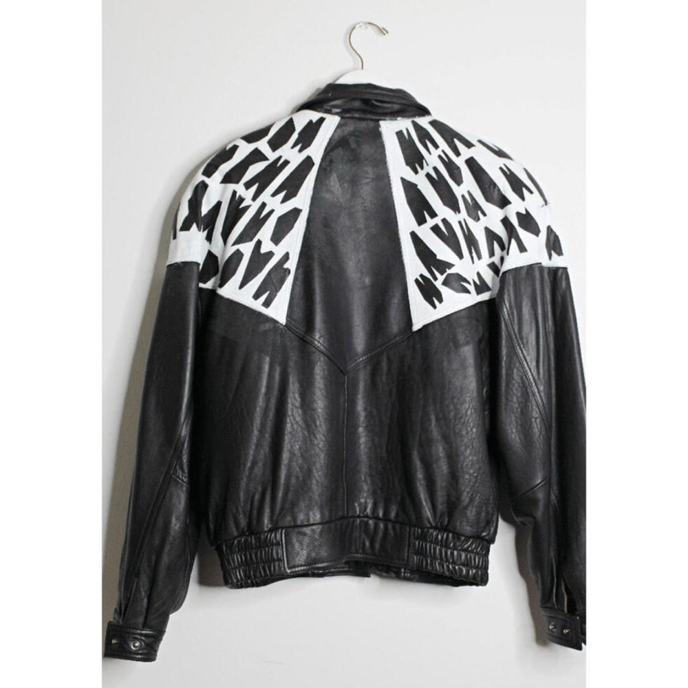 Vintage Hand Painted Black and White Leather Bomber Jacket Oversized L